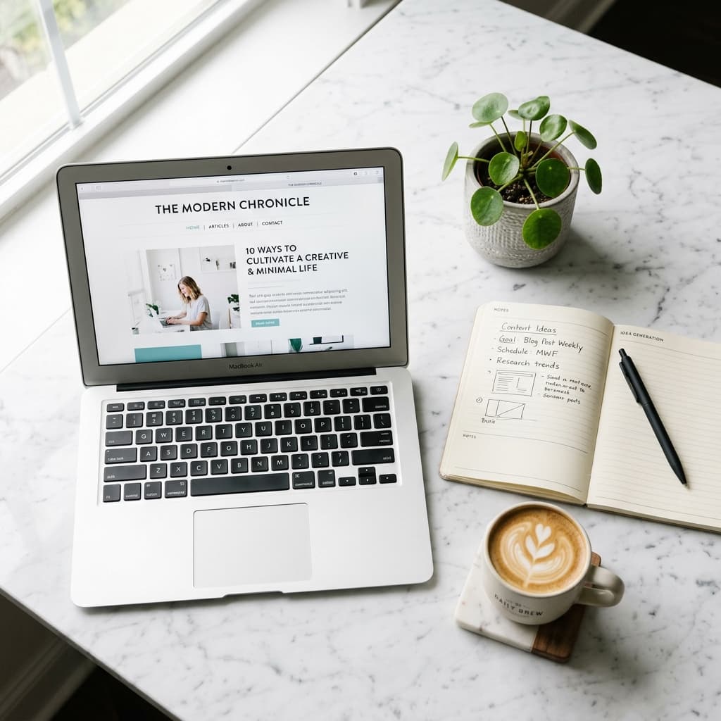 Professional workspace with laptop, notebook, and coffee — career resources
